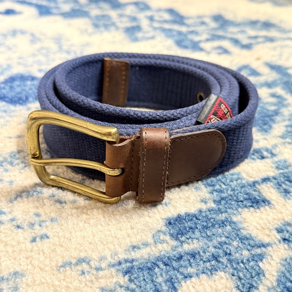 Woolrich Men's Size 42 Canvas Navy Blue Belt Leather End Brass Buckle Preppy